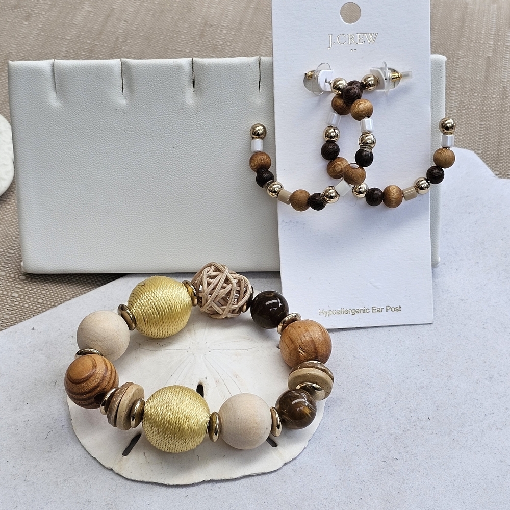 SET! J. Crew Wooden Bead Hoops with Natural Material Stretchy Bracelet